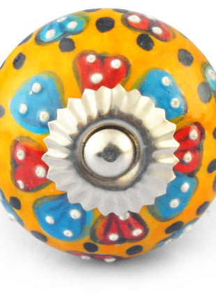 Red and Turquoise Flowers on Yellow and White Ceramic knob