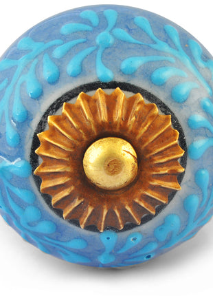 Turquoise Embossed design on Light Blue and White Base Ceramic knob