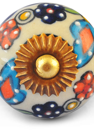 Turquoise,Red and Blue Flowers on White Base Ceramic knob