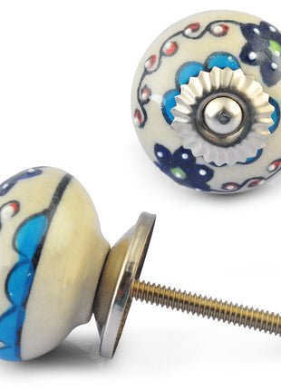 Turquoise and Dark Blue Flowers on White Base Ceramic knob