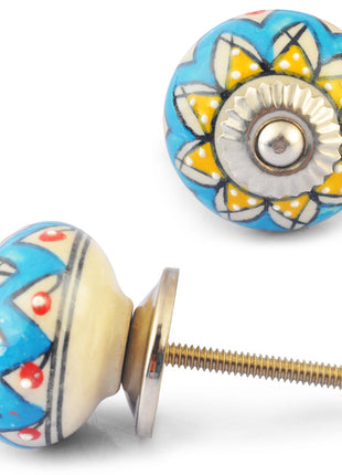 Yellow Flower on Turquoise and White Ceramic knob