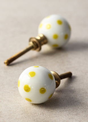 Unique White Round Drawer Cabinet Knob With Yellow Polka-Dots