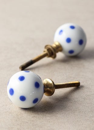 Stylish White Round Kitchen Cabinet Knob With Blue Polka-Dots