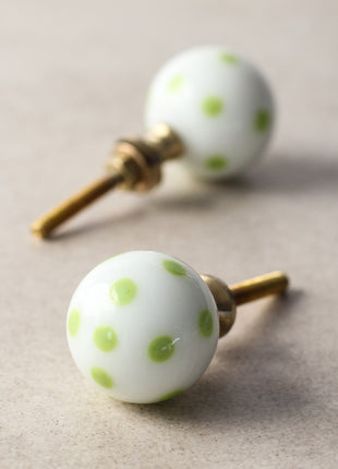 White Round Shaped Kitchen Cabinet Knob With Green Polka-Dots