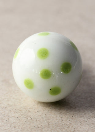 White Round Shaped Kitchen Cabinet Knob With Green Polka-Dots