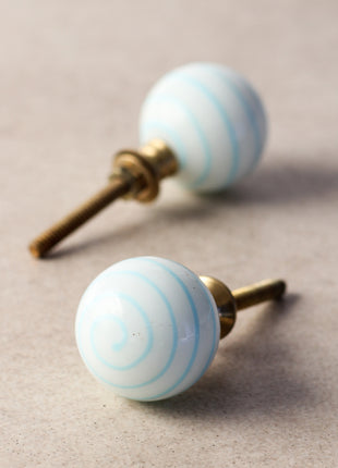 White Round Glass Drawer Cabinet Knob With Turquoise Spiral