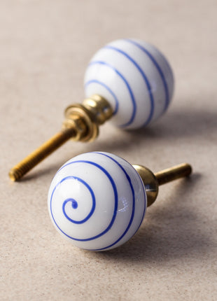 Unique White Round Glass Dresser Cabinet Knob With Blue Swirl