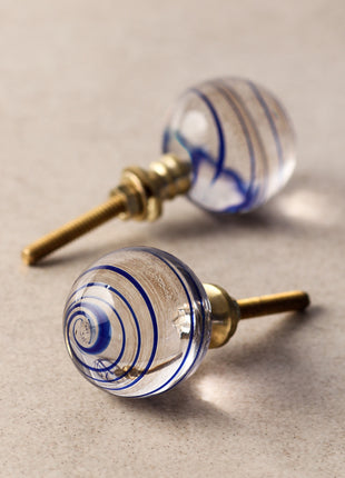 Designer Clear Round Glass Kitchen Cabinet Knob With Blue Swirl
