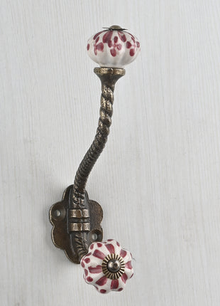 White and Maroon Ceramic Flower Knob With Metal Wall Hanger