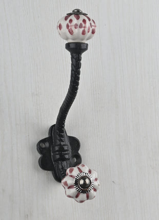 White and Maroon Ceramic Flower Knob With Metal Wall Hanger