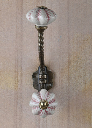 Flower Shaped White Maroon Design Knob With Metal Wall Hanger