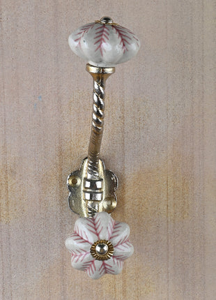 Flower Shaped White Maroon Design Knob With Metal Wall Hanger
