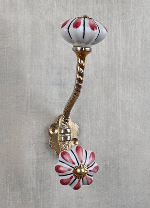 Floral White Royal Ceramic Door Knob With Maroon Print with Metal Wall Hanger