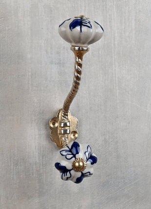 White Floral Ceramic Knob With Handpainted Blue Flowers With Metal Wall Hanger