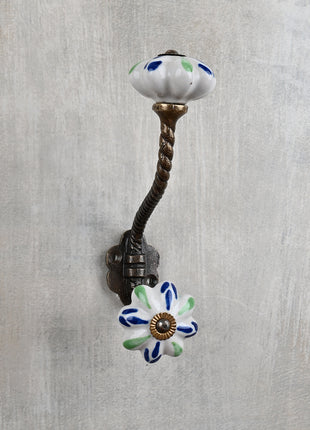 Floral White Ceramic Door Knob With Blue And Green Print With Metal Wall Hanger