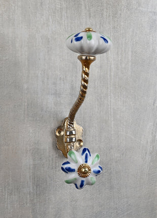 Floral White Ceramic Door Knob With Blue And Green Print With Metal Wall Hanger