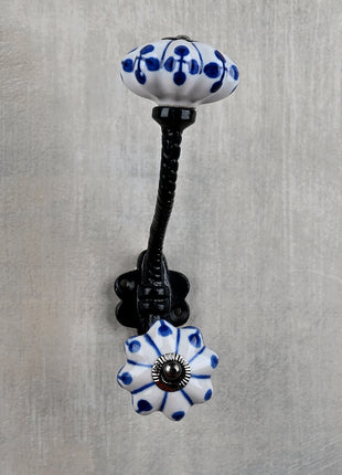 White Floral Ceramic Cabinet Knob With Blue Design With Metal Wall Hanger