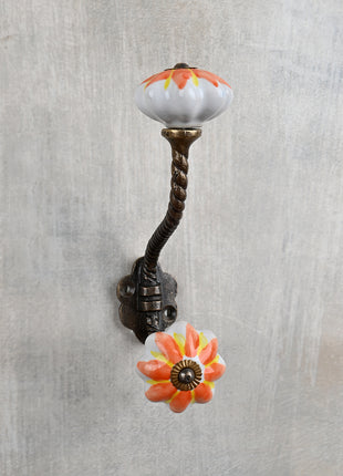 White Handpainted Ceramic Door Knob With Red And Yellow Flower With Metal Wall Hanger