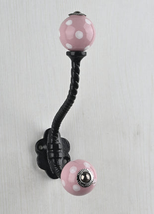 Pink White Polka Dots Ceramic Knob With Metal Wall Hanger