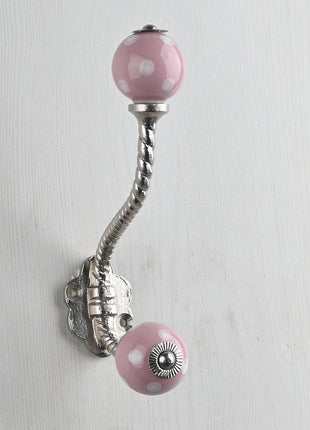 Pink White Polka Dots Ceramic Knob With Metal Wall Hanger