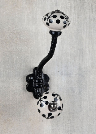 Black Print On White Ceramic Knob With Metal Wall Hanger