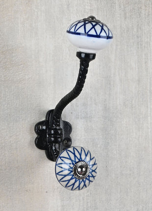 Geometric Blue Pattern On White Ceramic Knob With Metal Wall Hanger