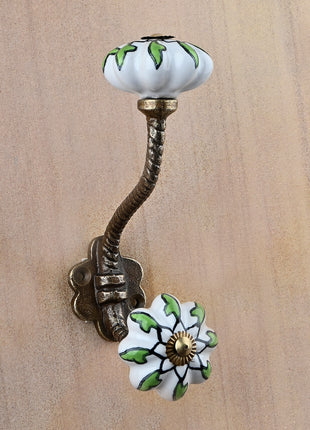 Floral White Ceramic Knob With Metal Wall Hanger