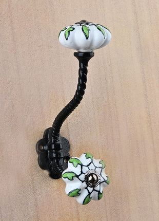 Floral White Ceramic Knob With Metal Wall Hanger