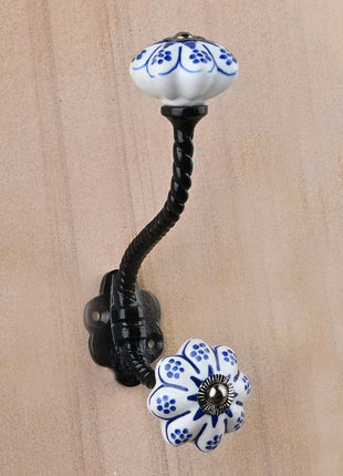 Flower Shaped White And Blue Designer Ceramic Knob With Metal Wall Hanger