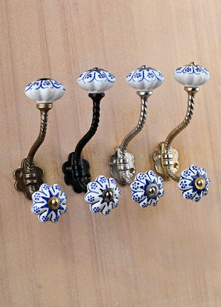 Flower Shaped White And Blue Designer Ceramic Knob With Metal Wall Hanger