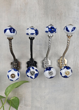 Stylish White Cabinet knob with Blue Leaves With Metal Wall Hanger