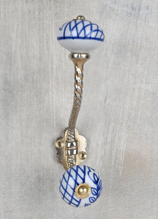 White Ceramic  Knob With Blue Geometric Design With Metal Wall Hanger
