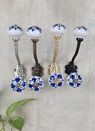 Elegant White Ceramic Knob with Blue flower With Metal Wall Hanger