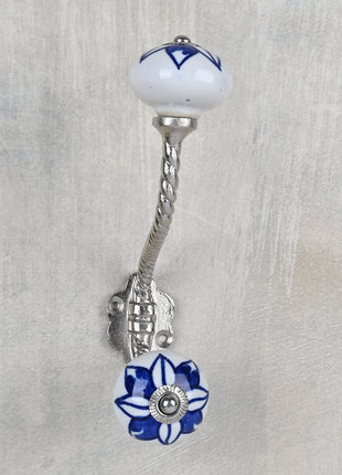 Elegant White Ceramic Knob with Blue flower With Metal Wall Hanger