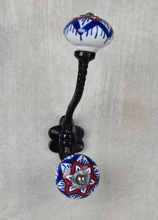 Elegant White Ceramic Knob Red And Blue Print With Metal Wall Hanger