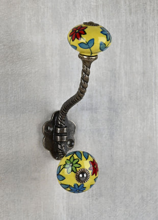 Yellow Base Ceramic Knob Red, Green And Turquoise Flowers With Metal Wall Hanger