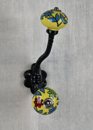Yellow Base Ceramic Knob Red, Green And Turquoise Flowers With Metal Wall Hanger