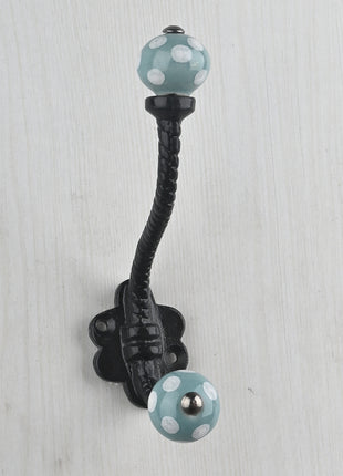 Turquoise Round White Polka Dots Knob With Metal Wall Hanger