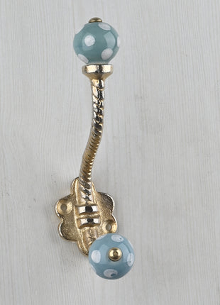 Turquoise Round White Polka Dots Knob With Metal Wall Hanger