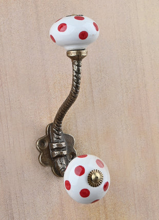 White Round Red Polka Dots Ceramic Knob With Metal Wall Hanger