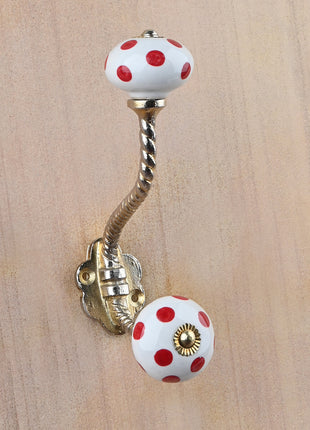 White Round Red Polka Dots Ceramic Knob With Metal Wall Hanger