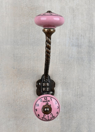 Round Pink Clock Ceramic Knob With Metal Wall Hanger