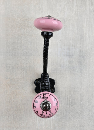 Round Pink Clock Ceramic Knob With Metal Wall Hanger