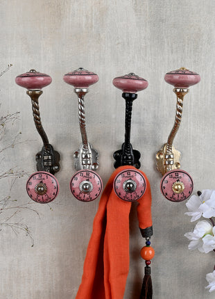 Dark Pink Clock Ceramic Knob With Metal Wall Hanger