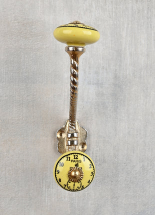 Round Yellow Clock Ceramic Knob With Metal Wall Hanger