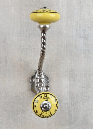 Round Yellow Clock Ceramic Knob With Metal Wall Hanger