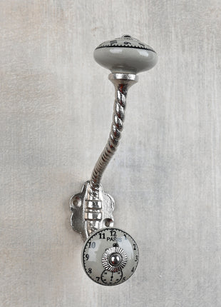 Round Light Grey Clock Ceramic Knob With Metal Wall Hanger