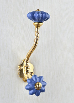 Cracked Blue Flower Shaped Ceramic knob With Metal Wall Hanger