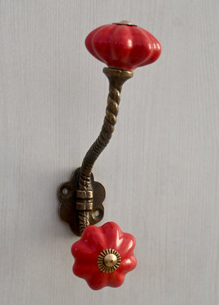 Red Flower Shaped Ceramic Knob With Metal Wall Hanger