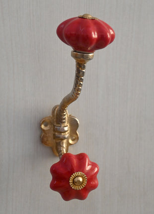 Red Flower Shaped Ceramic Knob With Metal Wall Hanger